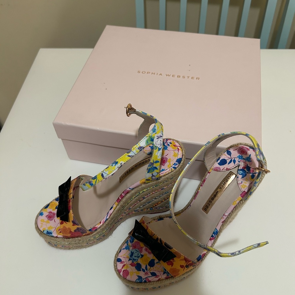 Sophia Webster Colorful Floral Wedges with Black Bow